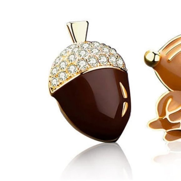 Korean Squirrel Acorn Stud Earrings Enamel Pave Goldtone 925 SIlver Posts 001A2 - Picture 5 of 8